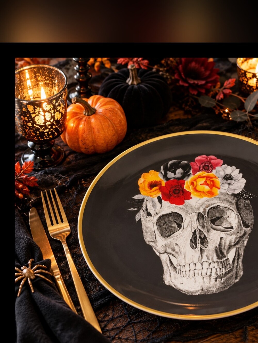 Set of 4 Harvest Green Studio Skull & Flowers Plate 27 cm